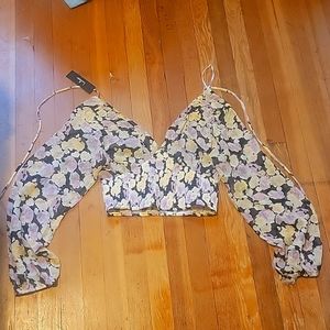 Lulus Romantic Impression Black Floral Print Smocked Long Sleeve Top size large